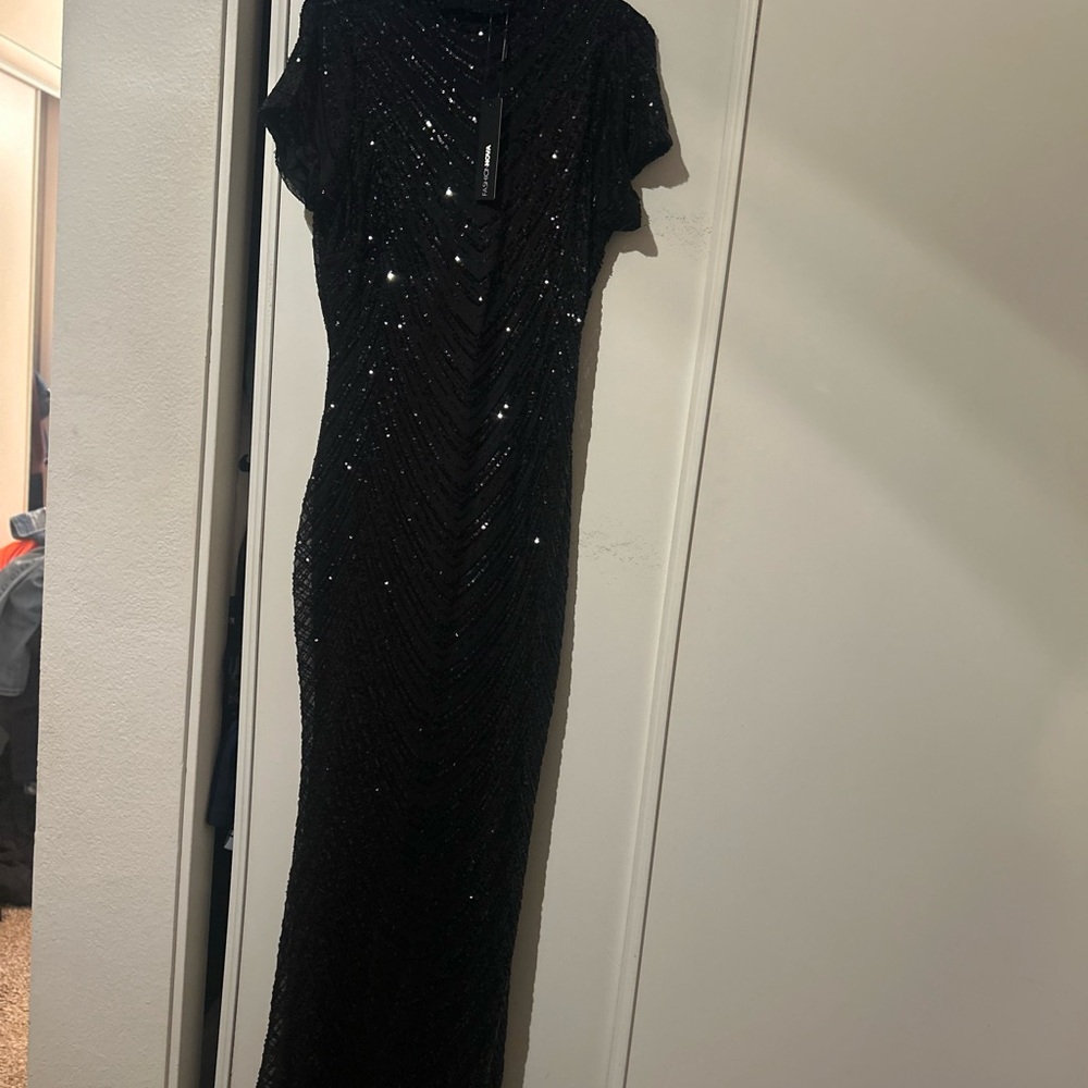 Fashion Nova Black Maxi Gown with Flutter Sleeves and Mock Neck